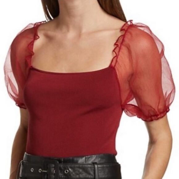 ASTR Bodysuit Small Darling Puff Sleeve Bodycon Sheer Statement Sleeves Wine NWT - Picture 1 of 15